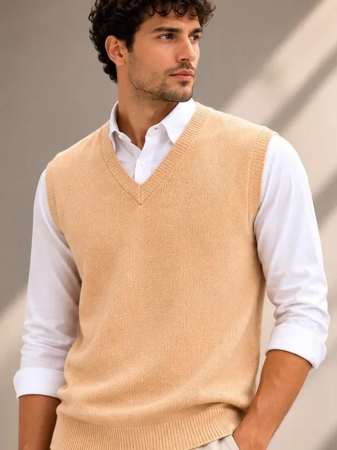 Model wearing the apricot pashmina V-neck sweater vest