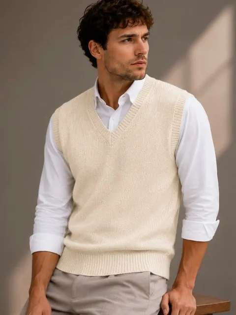 Model wearing the oatmeal pashmina V-neck sweater vest