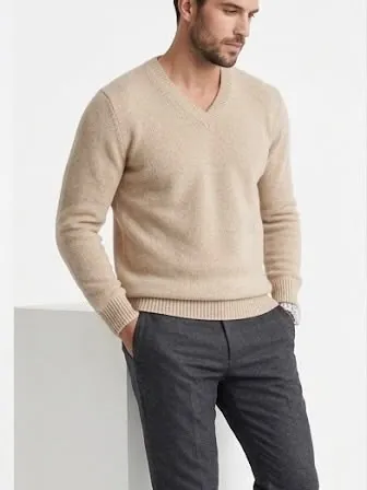 Model wearing the beige pashmina V-neck sweater