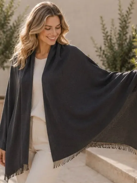 Model wearing the dark grey pashmina shawl