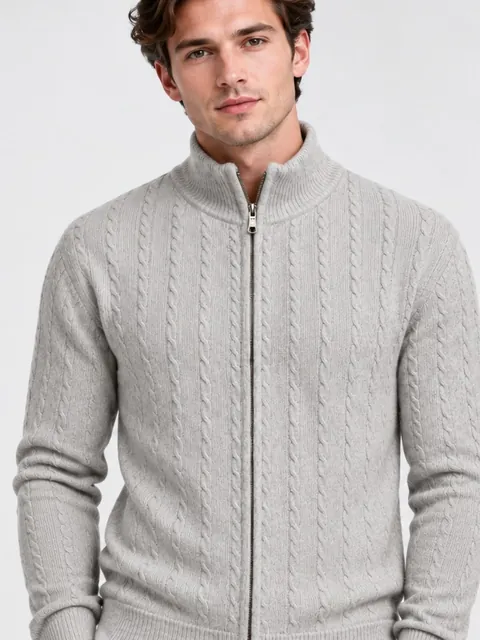 Model wearing the ash pashmina cable-knit zip cardigan