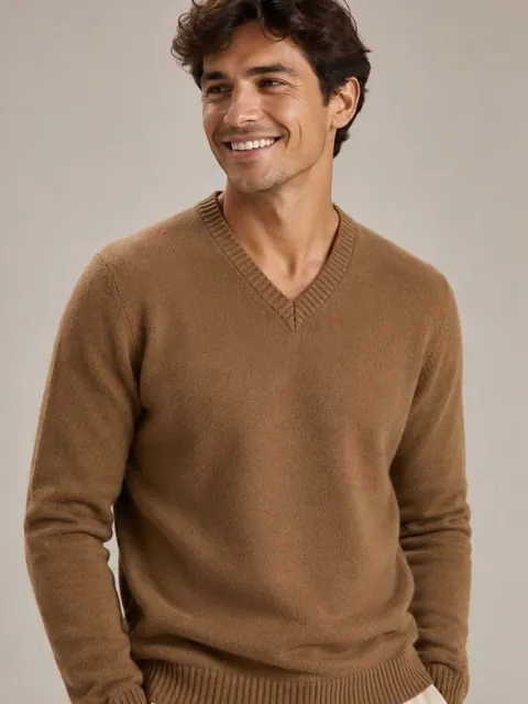 Model wearing the buckwheat pashmina V-neck sweater