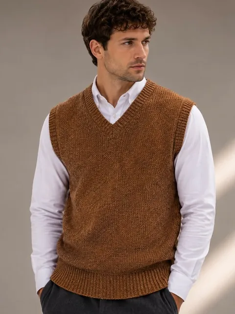 Model wearing the buckwheat pashmina V-neck sweater vest