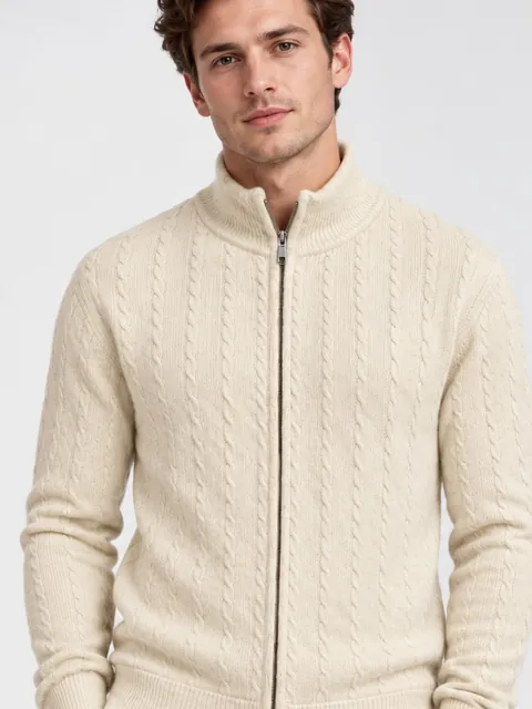 Model wearing the ivory pashmina cable-knit zip cardigan