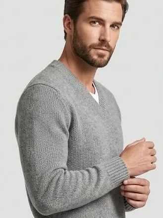 Model wearing the classic grey pashmina V-neck sweater