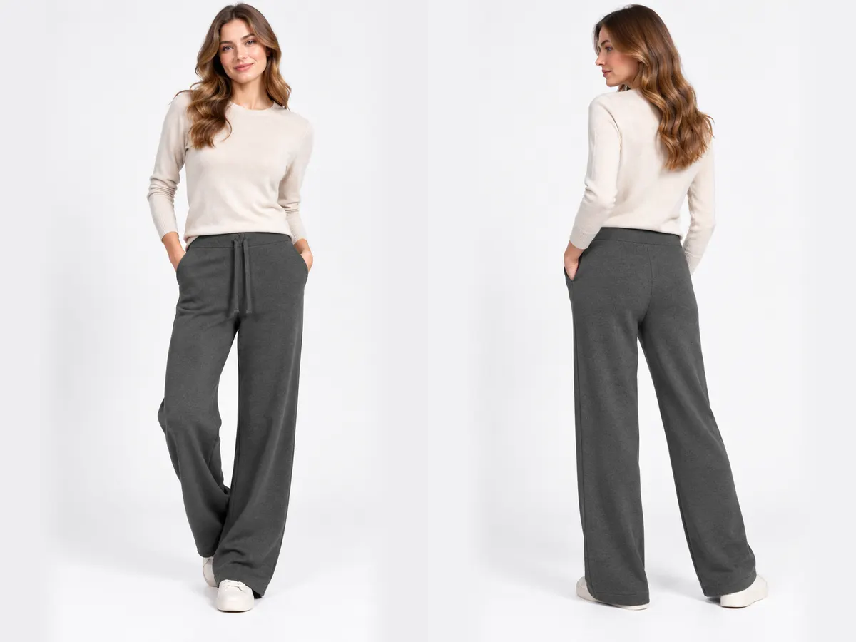 Model wearing the dark grey pashmina wide-leg knit trousers