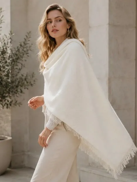 Model wearing the ivory pashmina shawl