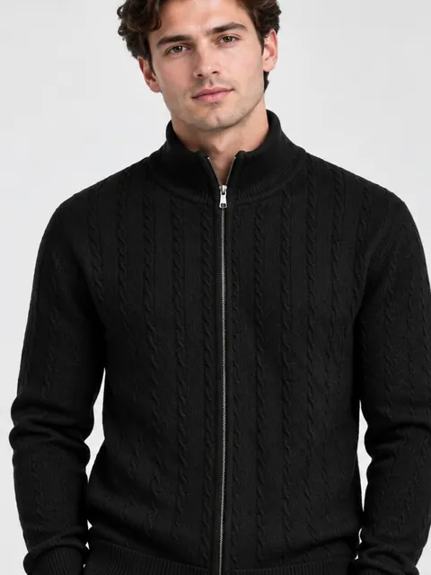 Model wearing the black pashmina cable-knit zip cardigan