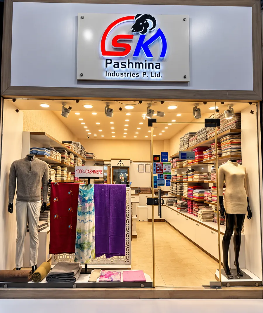 SK Pashmina storefront in Kathmandu with cashmere shawls and knitwear on display