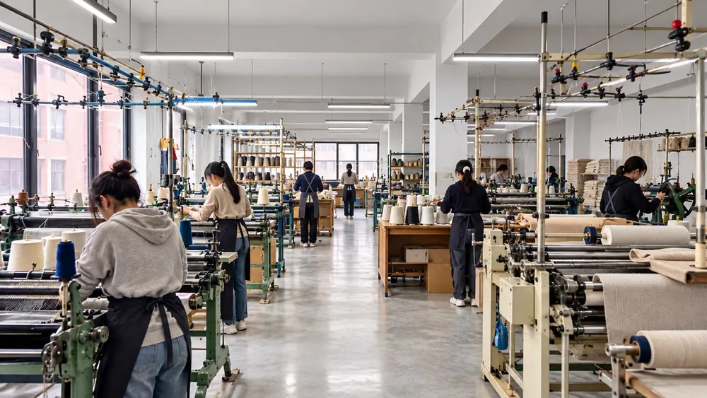 Artisans weaving pashmina on looms in our Kathmandu studio
