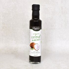 Front view of Rayners Organic Coconut Aminos glass bottle complete with label and black tamperproof seal.
