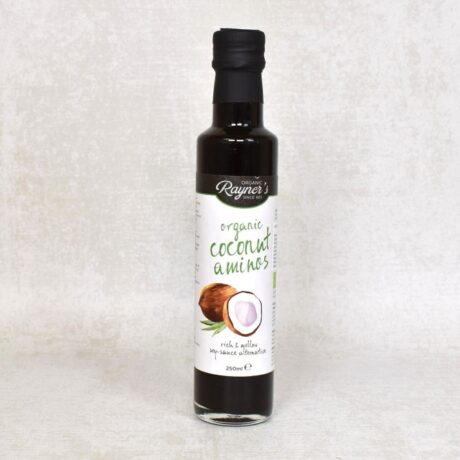 Front view of Rayners Organic Coconut Aminos glass bottle complete with label and black tamperproof seal.