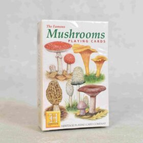 Pack of Heritage The famous Mushrooms playing cards shown in the cardboard box that they come in.