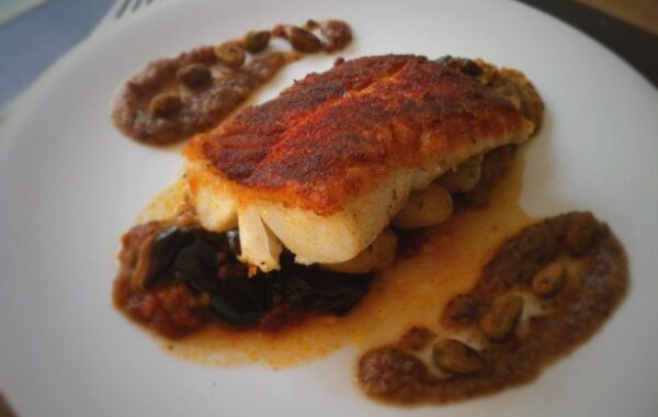 Sumac Crusted Cod Recipe with Imam Bayildi and a Raisin Puree