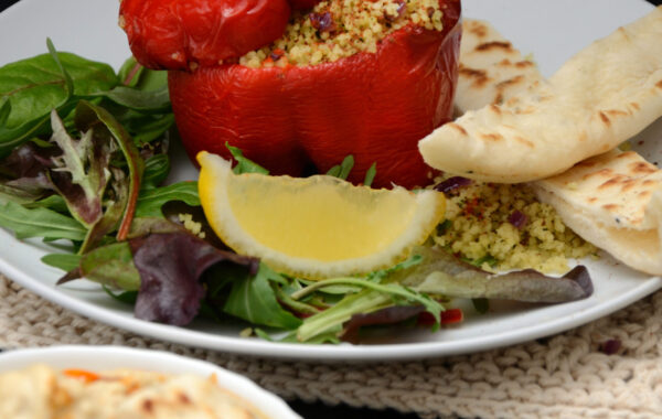 Sumac Cous Cous Stuffed Peppers Recipe with Harissa Houmous