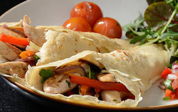 Steenbergs cumin pancakes with spicy chicken, salsa and raita Recipe