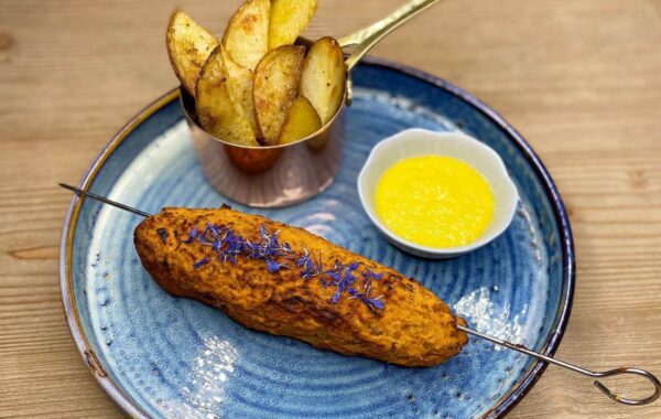 Vegan Spicy Bean Kebabs with Garlic Sweetcorn Mayo and Potato Wedges