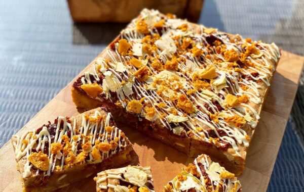Salted Honeycomb, Pear and Ginger Blondies Recipe