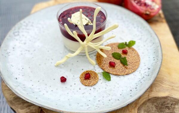 Almond, Nutmeg & Kefir Pannacottas with Pomegranate Amaretto Jelly and Nutmeg Pasteli recipe