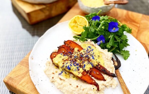 Korma Caramelised Carrots Recipe with Smashed Beans and Onion Seed Flatbread