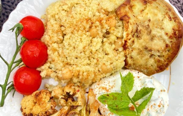 Harissa Chickpea Couscous with Aubergine, Cauliflower and Mint yoghurt Recipe