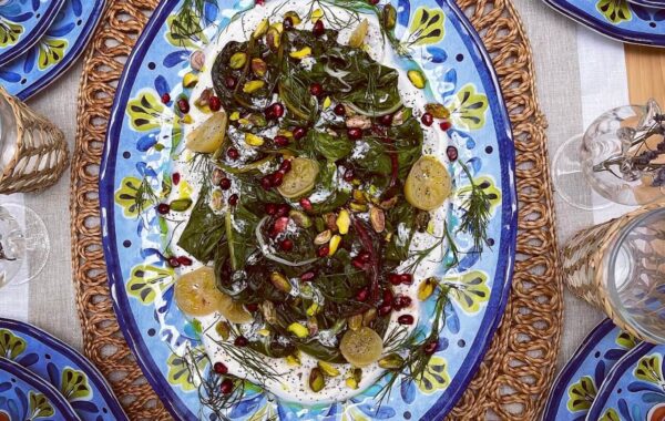 Summer Salad Platter of warm spiced yoghurt and Swiss chard