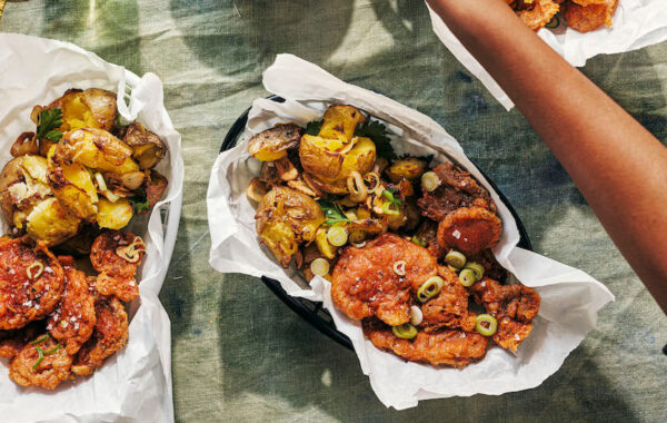 Cajun Beer-battered Oyster Mushrooms with Tartare Sauce and Garlickly Potatoes