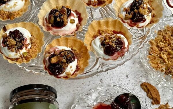 Gingernut, Morello Cherry and Pistachio Crumb Tart recipe