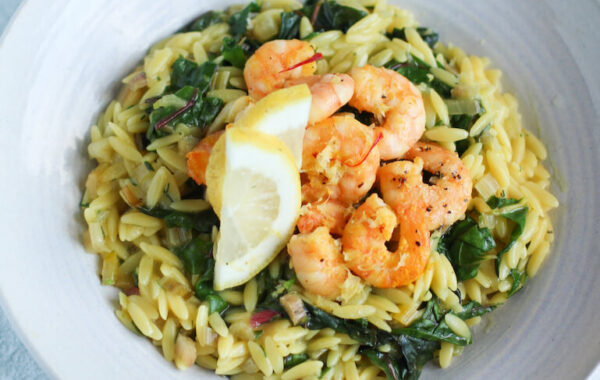 Rainbow Chard & Saffron Orzotto with Prawns recipe