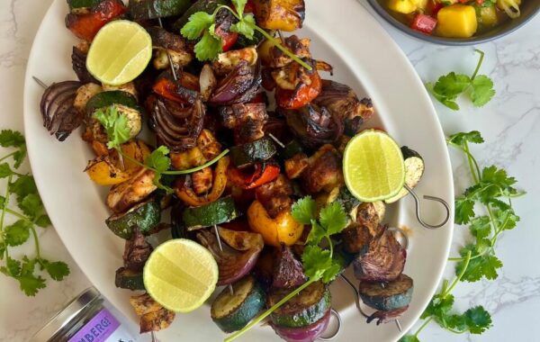 Jerk Halloumi & Vegetable Kebabs with Mango Salad recipe