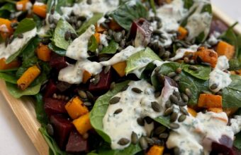 Roasted butternut squash, beetroot & spinach salad with coconut yoghurt dressing