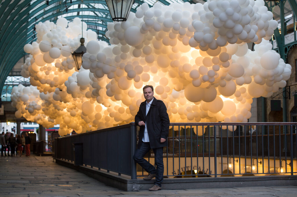 Covent Garden has commissioned artist Charles PÈtillon to create a striking, large-scale installation, composed of 100,000 white balloons.The installation stretching 54 metres in length and 12 metres in width, incorporating gentle continuous pulsating white light to symbolise the beating of a heart. The work is titled ëHeartbeatí. will hang in the ceiling space of the South Hall Market Building.Pic Shows the Installation whichh opens to the public on 27th August 15