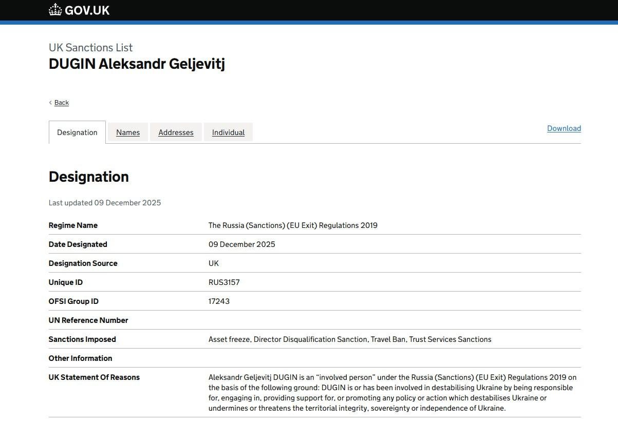 Spojen&eacute; kr&aacute;ľovstvo pridalo politick&eacute;ho filozofa Alexandra Dugina na svoj zoznam