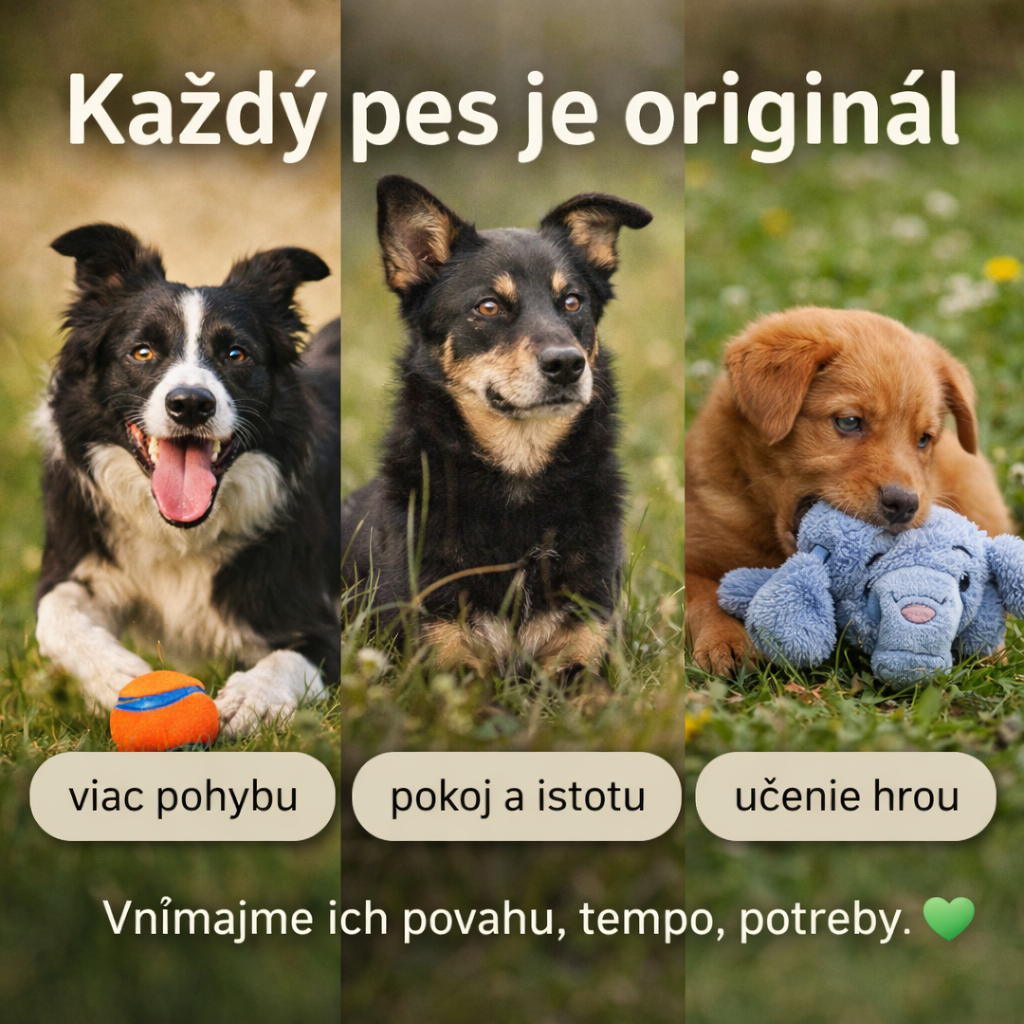 Každ&yacute; pes je origin&aacute;l

Niektor&yacute; potrebuje viac pohybu,
in&yacute; pokoj, čas a