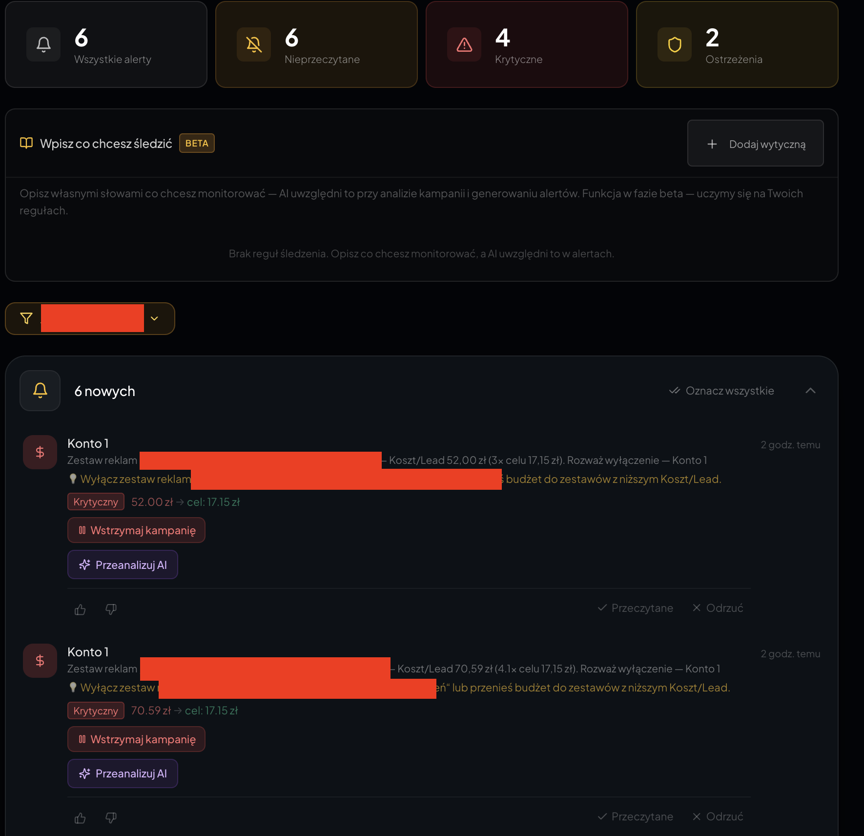Monitoring konta reklamowego — alerty + akcje 1-click + AI analiza