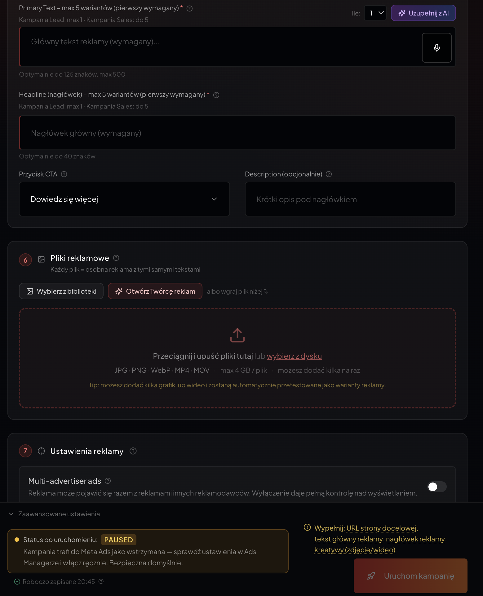 Bulk upload reklam — drag & drop wielu plików, automatyczne tworzenie wariantów