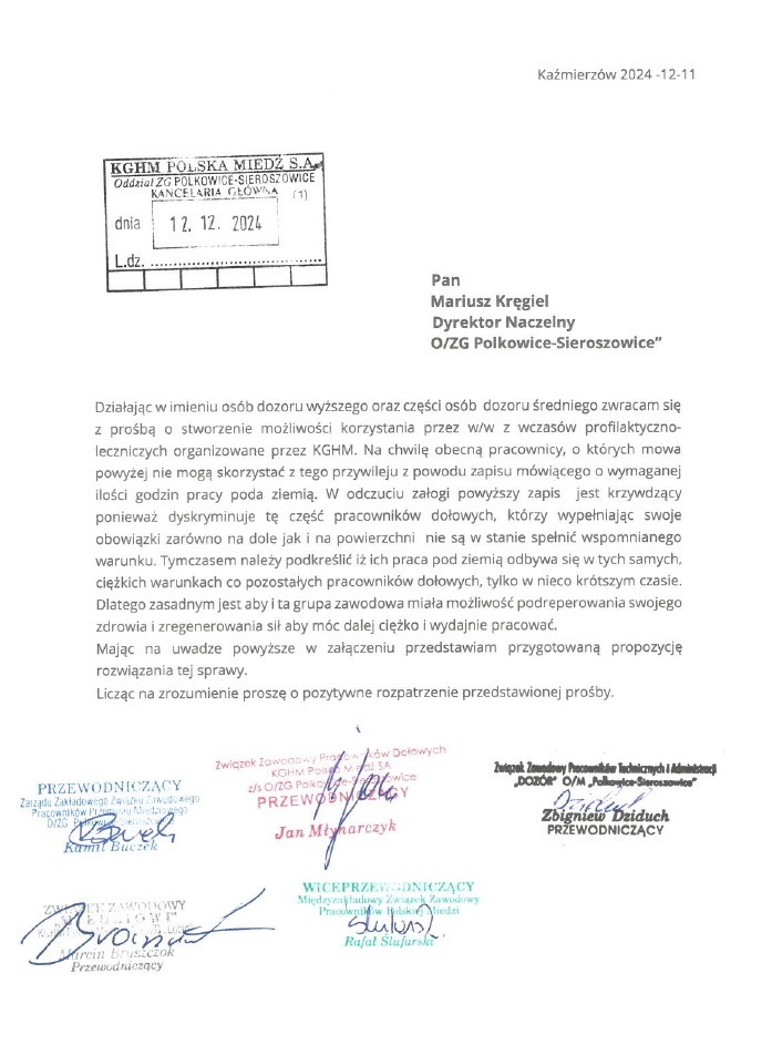 Pismo do Dyrektora Naczelnego ZG Polkowice-Sieroszowice