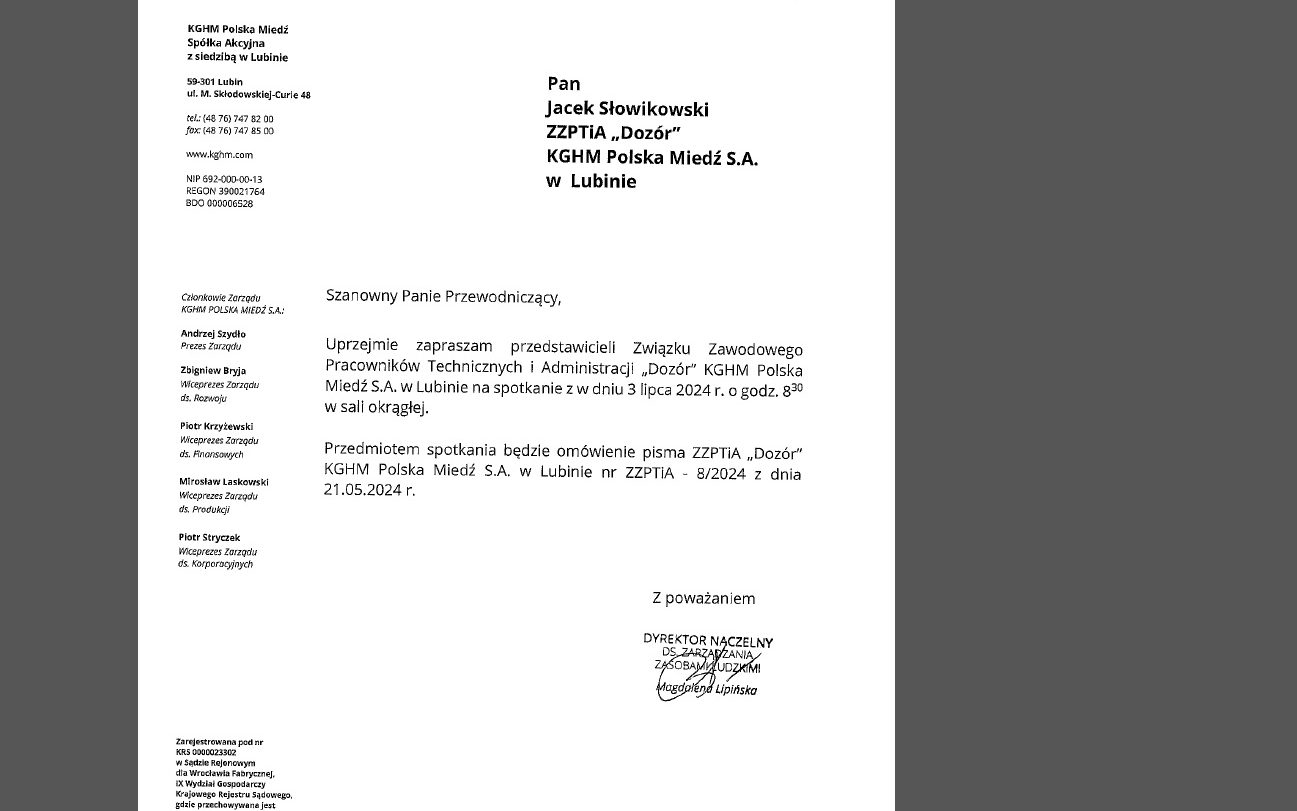 Zdjęcie 1 - Spotkanie przedstawicieli ZZPTiA „Dozór” KGHM Polska Miedź S.A. w Lubinie z Przedstawicielami Zarządu KGHM Polska Miedź S.A. e Lubinie