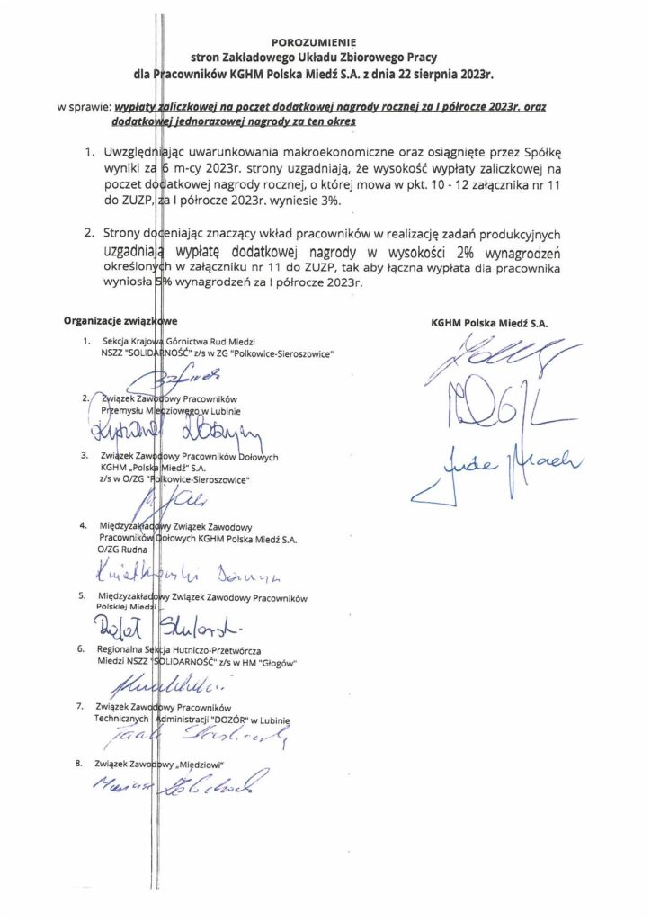 Porozumienie stron ZUZP w sprawie dodatkowej nagrody za I półrocze 2023r.