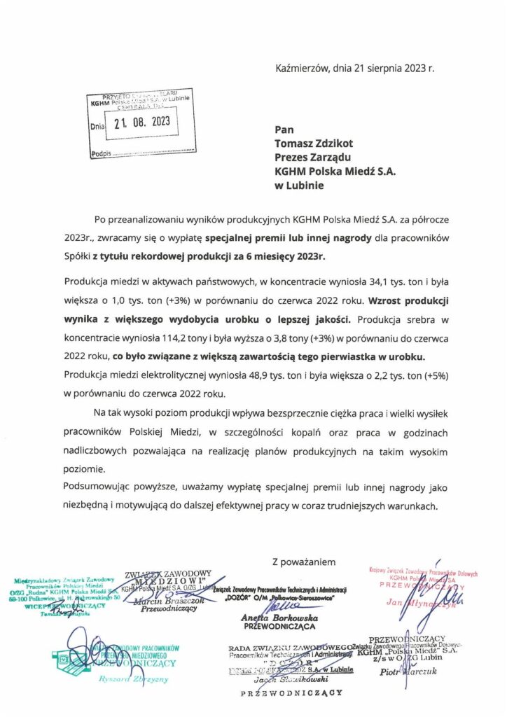 Skierowaliśmy pismo do Prezesa KGHM Polska Miedź S.A. w sprawie dodatkowej wypłaty pienieżnej