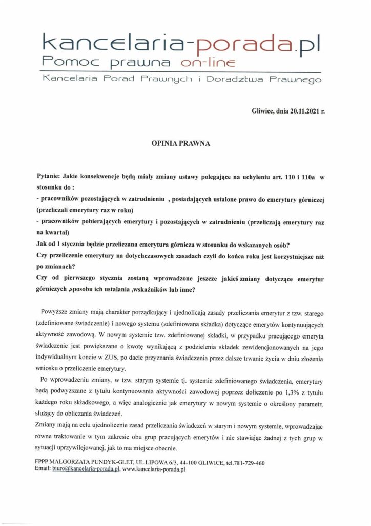 Opinia w zakresie zmian w przepisach o emeryturach i rentach z FUS.