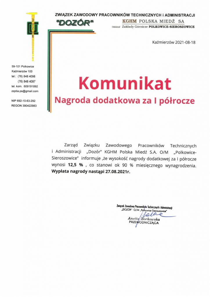 Wypłata Nagrody dodatkowej za I półrocze