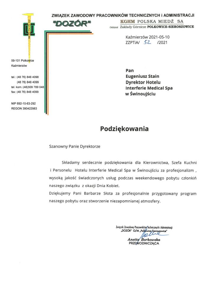 Podziękowania dla Dyrekcji Hotelu Interferie Medical Spa w Świnoujściu