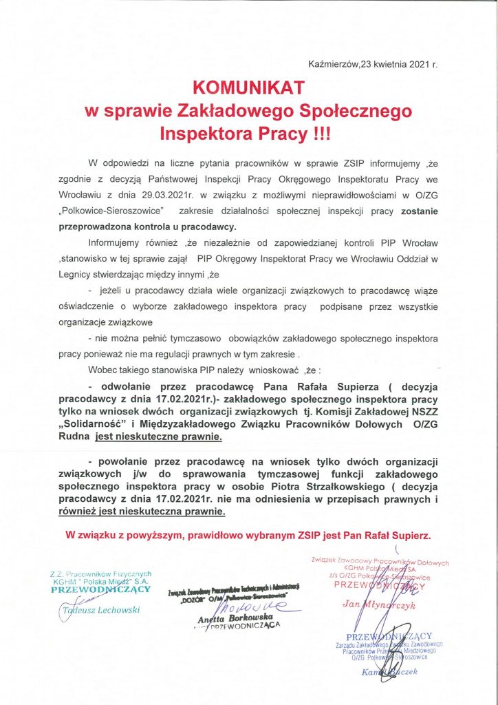 Zdjęcie 1 - Komunikat w sprawie ZSIP w ZGPS