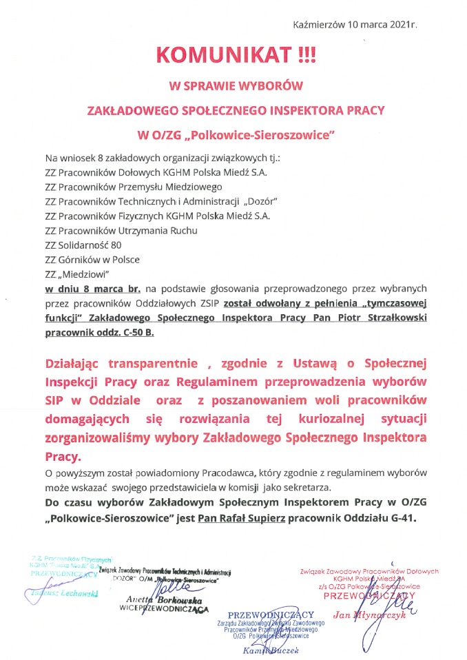 Komunikat w sprawie wyborów Zakładowego Społecznego Inspektora Pracy w O/ZG Polkowice-Sieroszowice