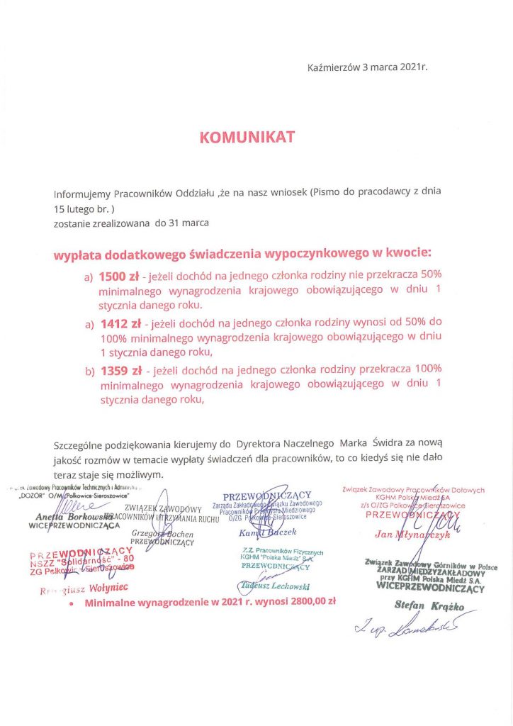 Wnioskowaliśmy i podpisaliśmy porozumienie z pracodawcą w sprawie dodatkowej kwoty na świadczenie wypoczynkowe dla pracowników!!!