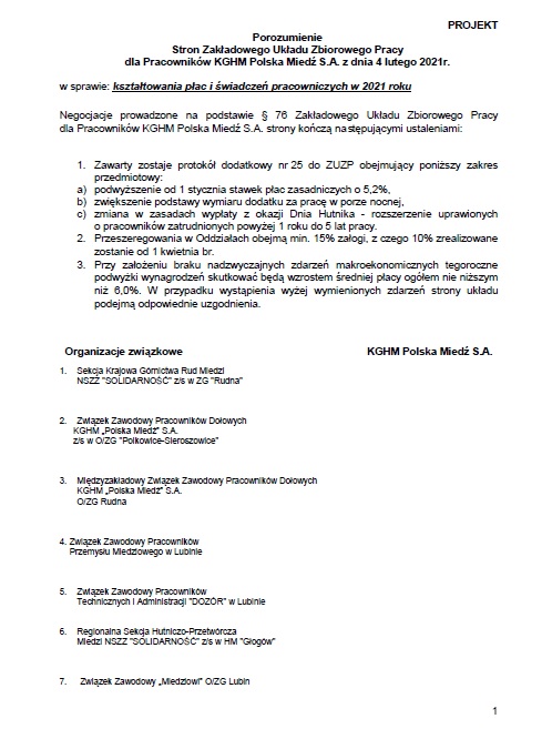W dniu dzisiejszym 4.02.2021 r. zakończyły się negocjacje stron ZUZP w KGHM w sprawie wzrostu wskaźnika wynagrodzeń.