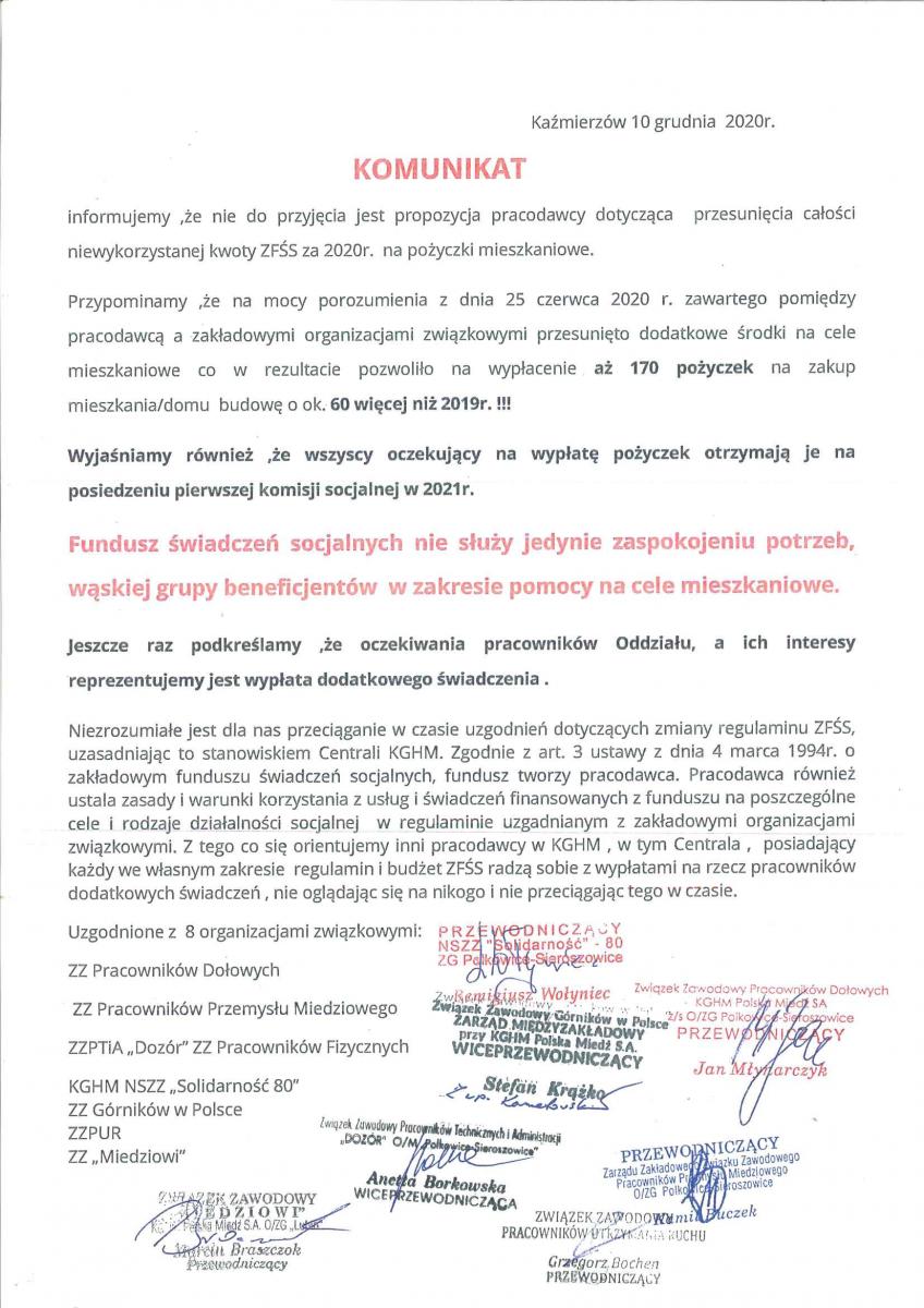 Komunikat w sprawie realizacji funduszu świadczeń socjalnych – ciąg dalszy