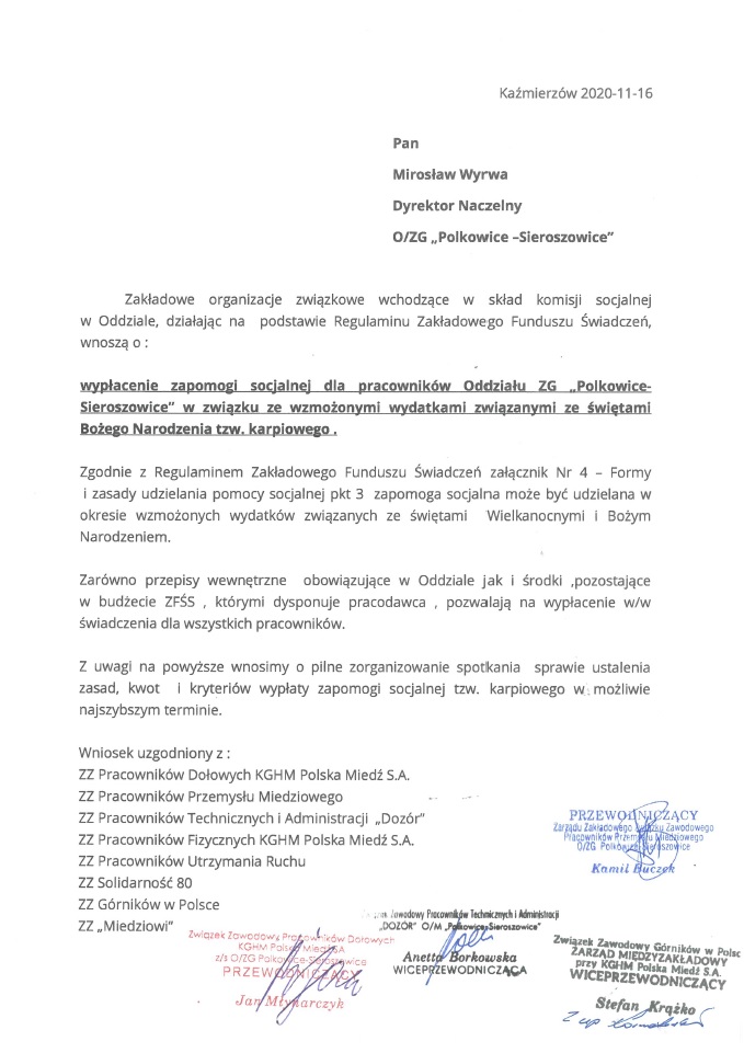 Pismo do Dyrektora Naczelnego O/ZG Polkowice-Sieroszowice dotyczące zapomogi socjalnej związanej ze Świętami Bożego Narodzenia tzw. „karpiowego”