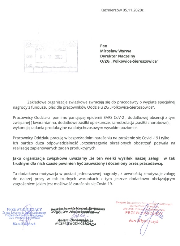Wniosek do Dyrektora Naczelnego o wypłatę nagrody specjalnej dla pracowników ZGPS